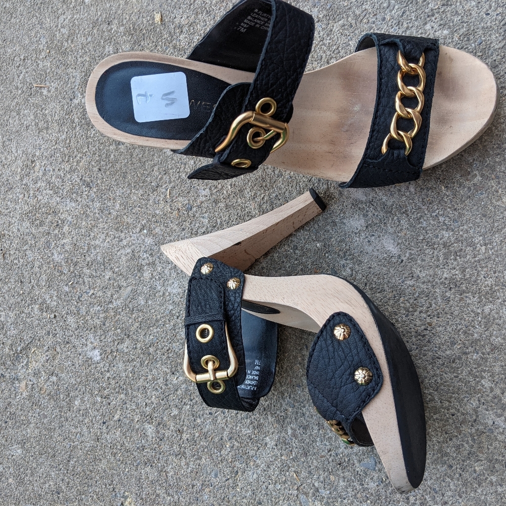Nine West Black Heeled Slide Sandals with Gold Hardware